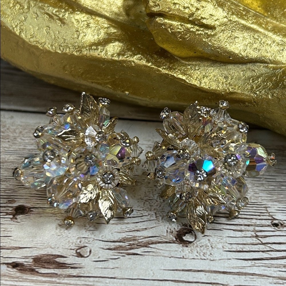 Vendome Vintage Crystal Aurora Borealis Clip On Earrings